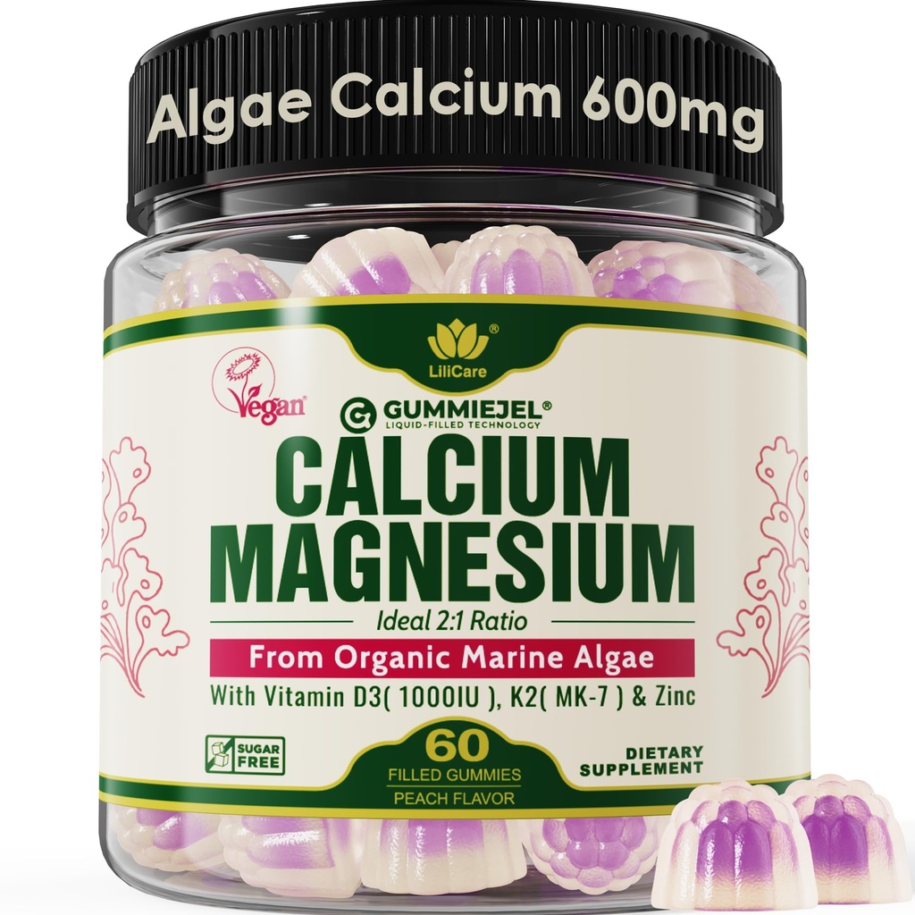 식물 비타민 D3 K2를 가진 근거한 칼슘 Gummies 600mg, 마그네슘, 뼈 힘을 위한 아연, 설탕 Sustainably 유기 빨강 조류에서 여성 & 남자 (인증된 Vegan)를 위한 아연 - 60의 조사
