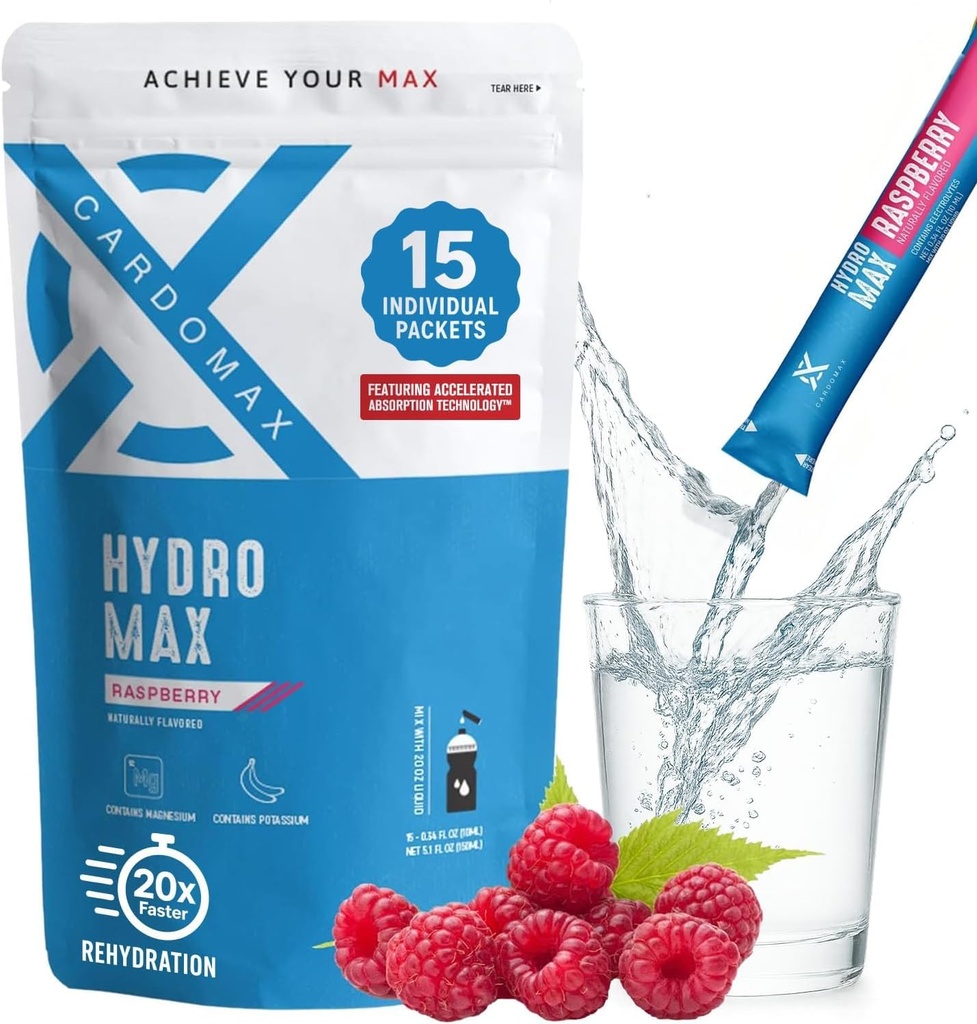Hydromax Electrolyte 음료 혼합 – 라즈베리 15 액체 패킷 칼륨 & 마그네슘 – Zero Sugar, Keto & Vegan Electrolytes for Rapid Hydration & Recovery Supplement