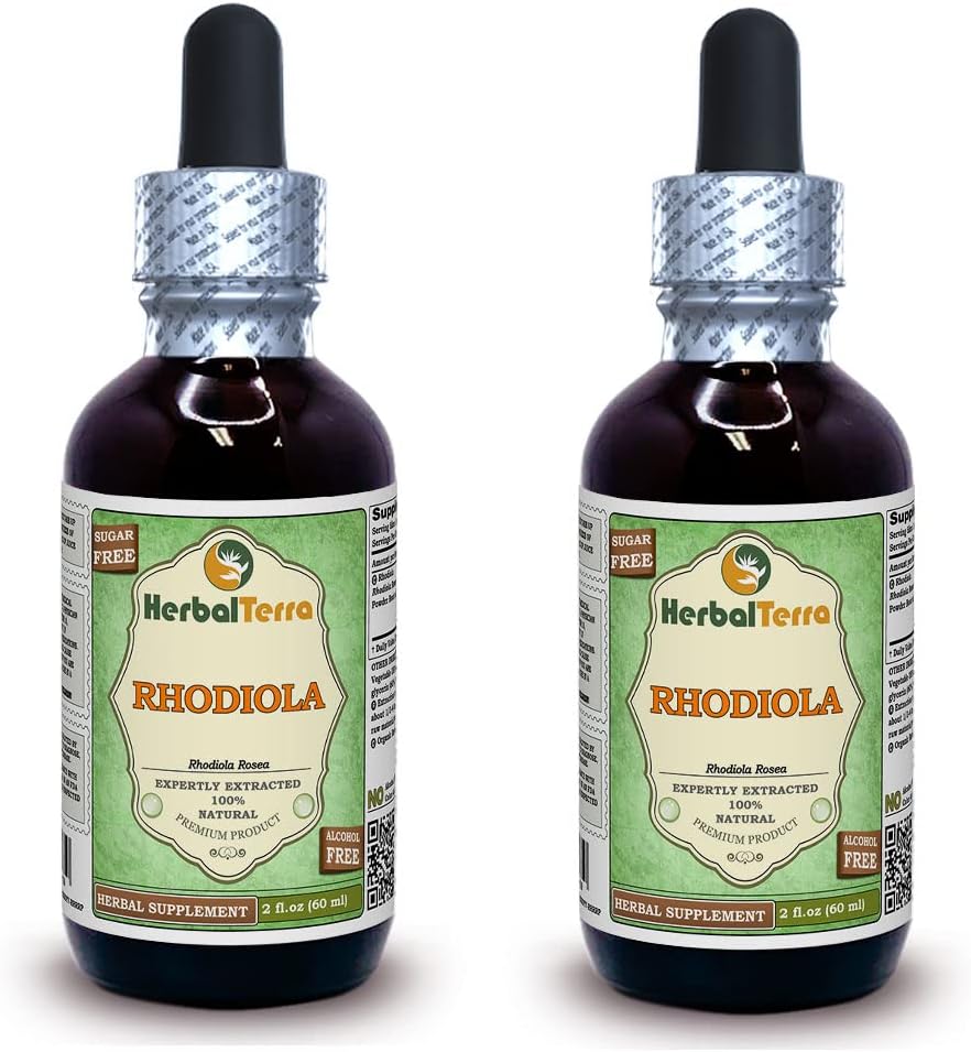 Rhodiola (Rhodiola Rosea) Glycerite, 유기 건조된 뿌리 알콜 자유로운 액체 추출물 (브랜드 이름: HerbalTerra, 미국에서 Proudly 만드는) 2x2 fl.oz (2x60 ml)