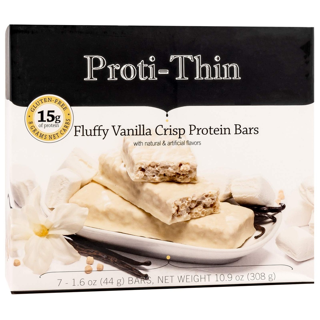 Proti-Thin Fluffy Vanilla Crisp Protein Bar, 15g Protein, Low Calorie, 매우 낮은 Carb (VLC), 낮은 지방, 높은 섬유 스낵 바, KETO Diet Friendly, 이상적인 단백질 호환, 글루텐 성분 없음, 7 /Box