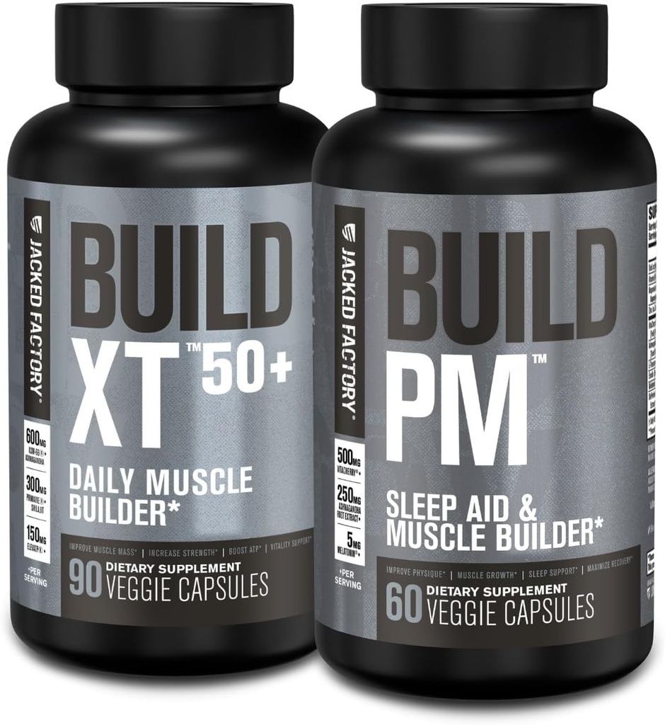 Jacked Factory Build-XT 50 + 매일 근육 빌더 (90 캡슐) & 근육 성장, 활력, & 회복을위한 PM 야간 근육 빌더 및 수면 보조 (60 캡슐) 구축