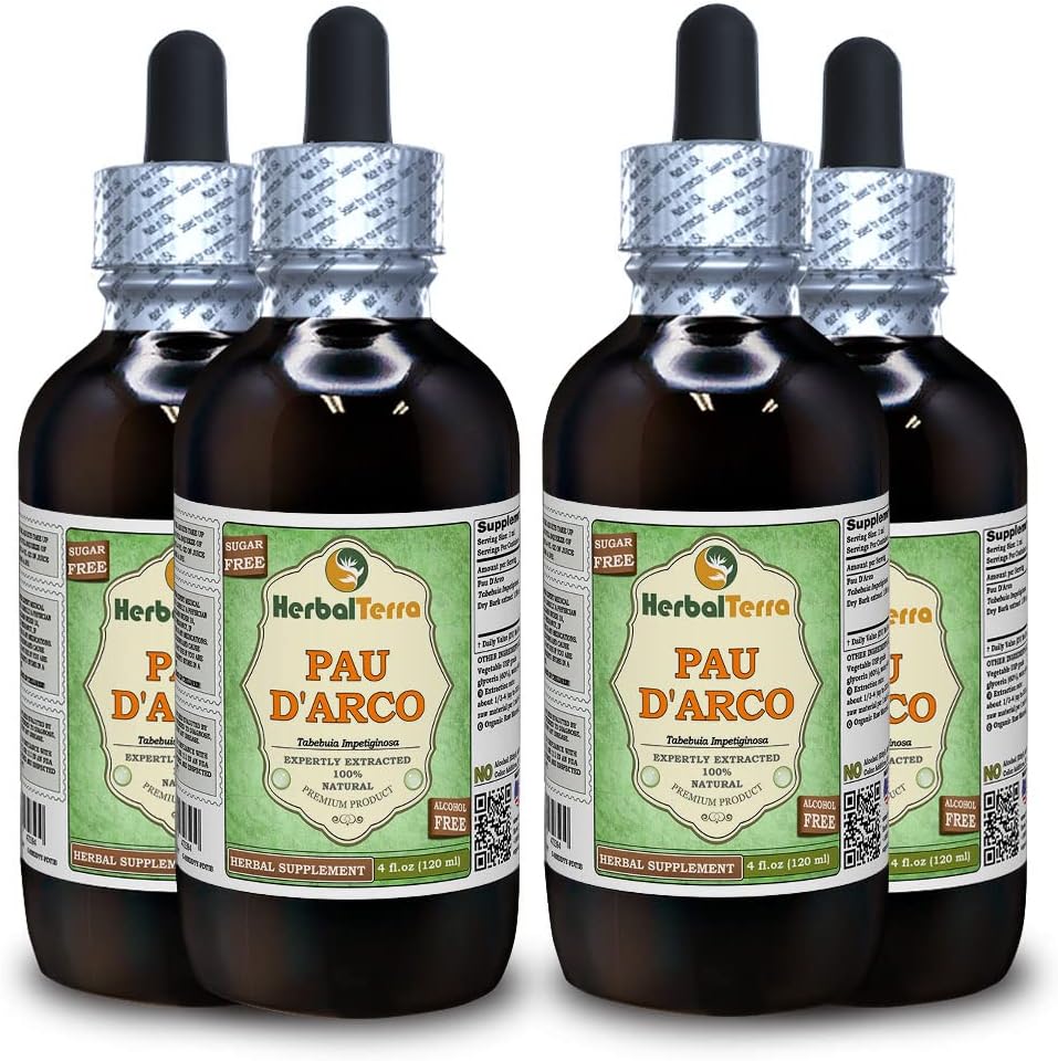 PAU d'arco (Tabebuia Impetiginosa) Glycerite, 말린 Bark 알콜 자유로운 액체 추출물 (브랜드 이름: HerbalTerra, 미국에서 Proudly 만든) 4x4 fl.oz (4x120 ml)