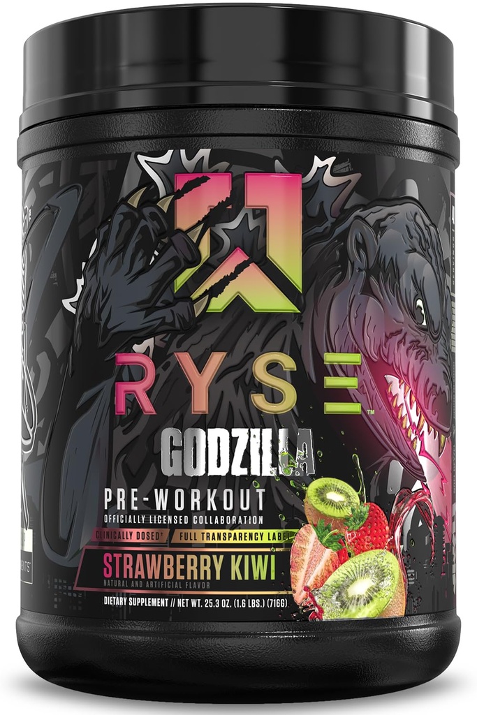 RYSE Godzilla X Noel Deyzel Pre Workout Powder - Strawberry Kiwi - 400mg Caffeine, Citrulline & Beta Alanine - Energy, Pump & Focus - 20/40 서빙