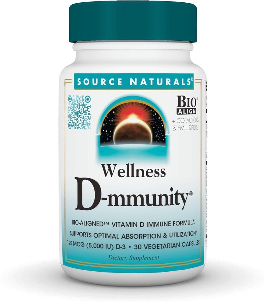 Source Naturals Wellness D-mmunity, Bio-Aligned Vitamin D Immune Formula, Optimal Absorbtion 및 Utilization*, 125 mcg (5,000 IU) D-3-30 채식 캡슐
