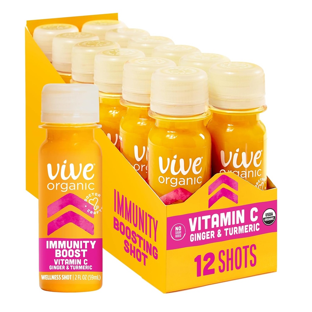 Vive Organic Vitamin C + Immune 지원 샷, 냉압 Turmeric, Ginger & Acerola Cherry, Gluten Free, Vegan, 면역 부스트 비타민 C, 2 Fl Oz (12 팩)