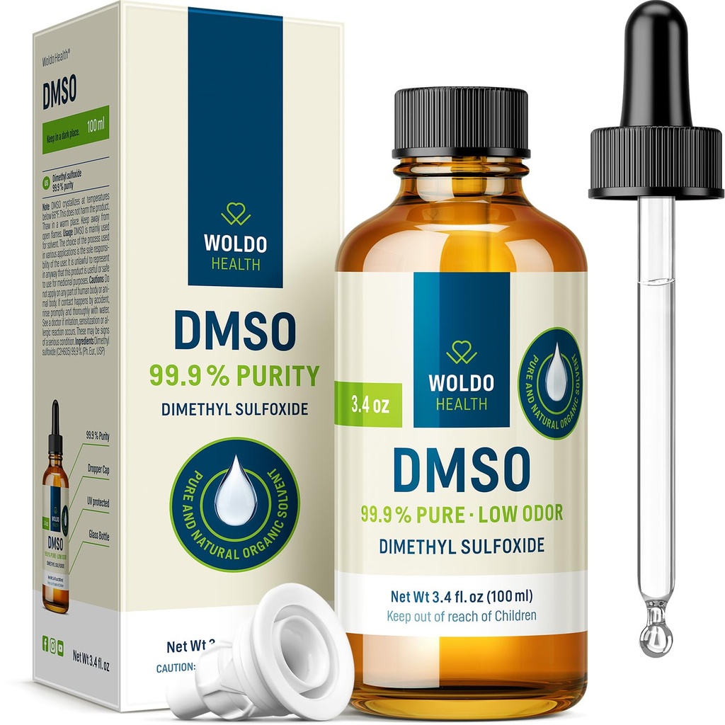 WoldoHealth DMSO 99.9% 제약 학년 - FT-IR Verified Dimethyl Sulfoxide, 정밀 점적기 (3.38 oz)가있는 유리 병에 낮은 냄새 용매
