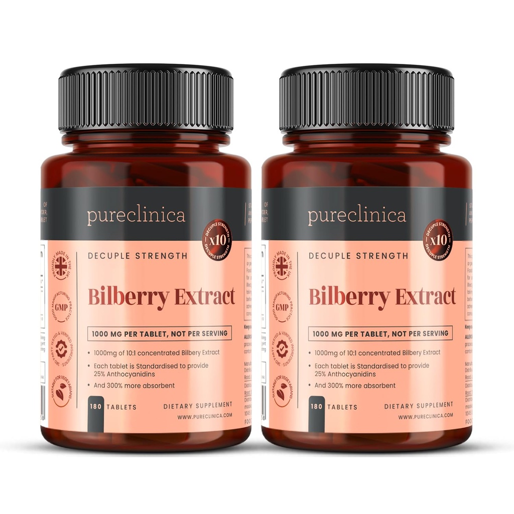 Pureclinica Bilberry 추출물 10,000mg x 360 정제 (2 병) - 10 X 더 Anthocyanidins w / 5mg 검은 후추 추출물
