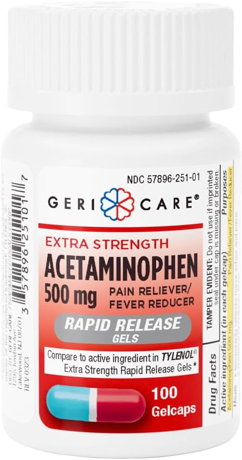 Gericare 여분 힘 Acetaminophen 500mg 급속한 방출 젤캡, 고통 구호 100 조사 (1의 포장)