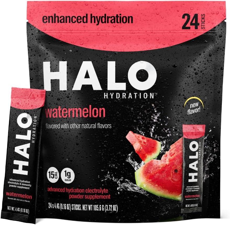 Halo Hydration - Electrolyte 음료 혼합 | Hydration Powder Packets | Watermelon 풍미 – 스포츠 및 사이클링 | Easy Open Single 서빙 스틱 (24 팩)
