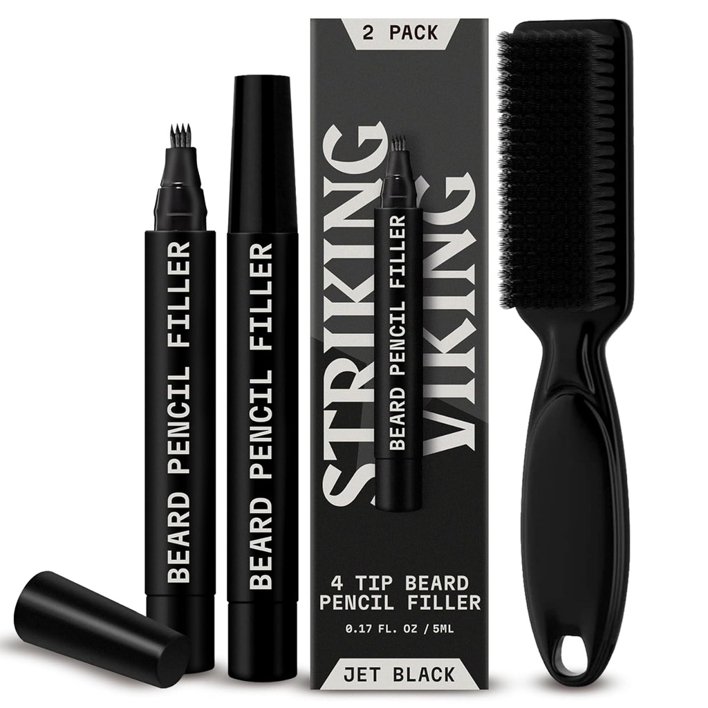 남자를 위한 진동 바이킹 Beard 연필 충전물 - 2의 제트기 검정 팩 - 방수 오래 견딘 Beard 펜 - Gap Repair & Barber Pencil - Soft Bristle Brush & Pen Filler를 위한 4-Pronged Tip