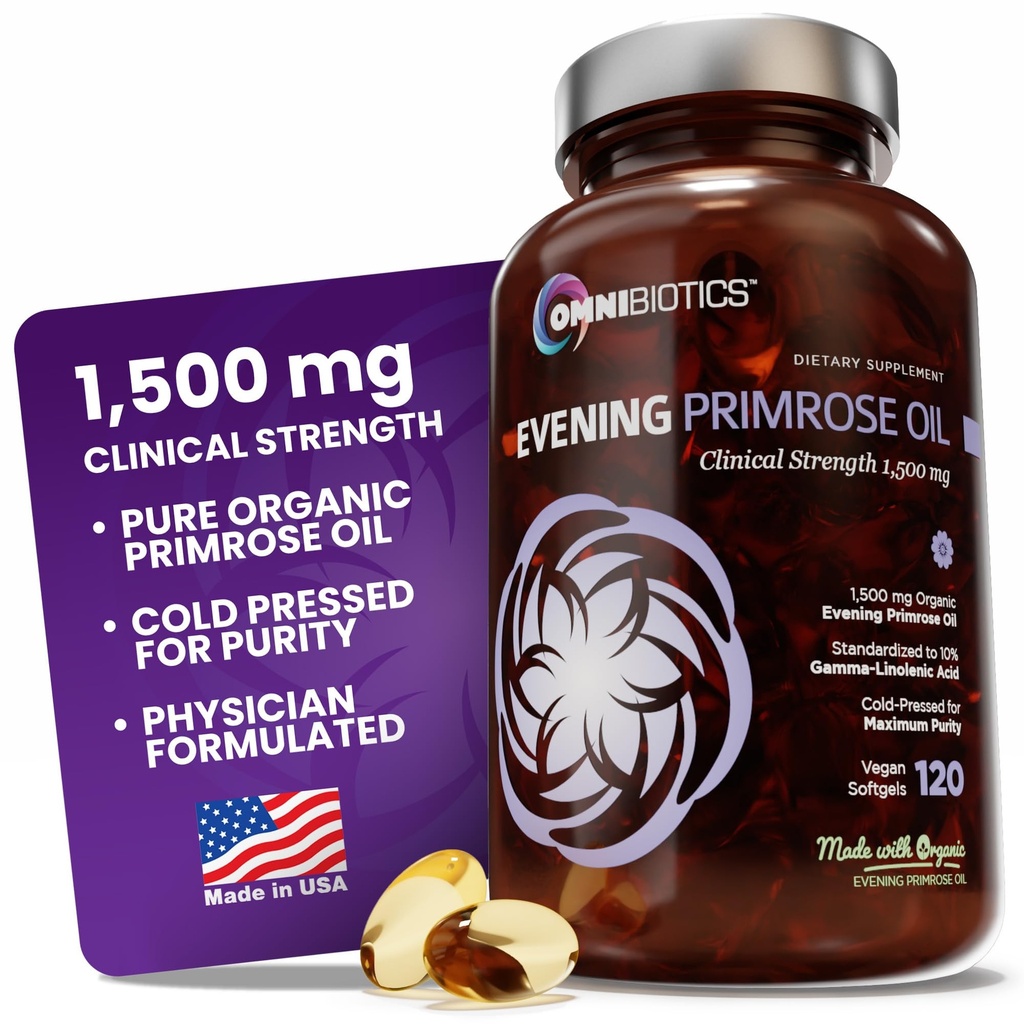 OmniBiotics 여성을위한 유기 저녁 Primrose 오일 - 캡슐 당 임상 강도 1500mg, 10 % GLA, 냉간 압력, 비 GMO, 여성 호르몬 균형 - 120 Vegan Softgel 캡슐