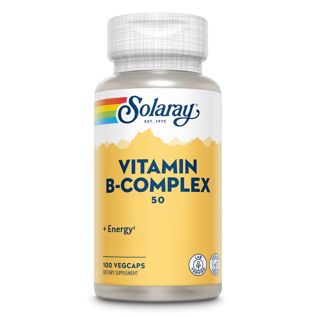 SOLARAY 비타민 B 복합체 50 mg - 세포 에너지 비타민 - 비타민 B12, 비타민 B1, B6, Niacin, Folic 산, Biotin 및 기타 B 비타민과 영양 건강 지원 - Vegan, 100 VegCaps