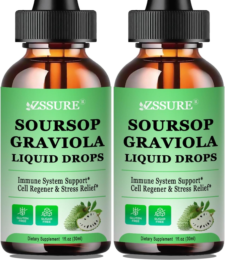 (2 팩) Soursop Graviola 리프 액체 드롭 | Soursop Bitters 액체 w/Sea Mos, 비타민 C & Cinnamon for Cell Support & Regeneration, Immunity, Liver, Zzz & Antioxidant | 높은 흡수 채식주의자