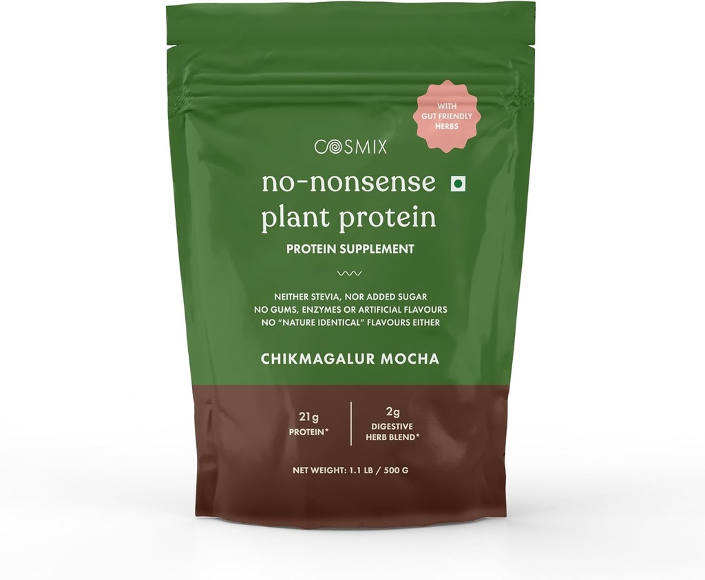COsmix No Nonsense Plant Protein | 유기농 브라운 쌀 & 완두 | 간편한 소화 | 24G Protein/Serving | 글루텐 & 락토스 무료 | (Chikmagalur Mocha, 500g)