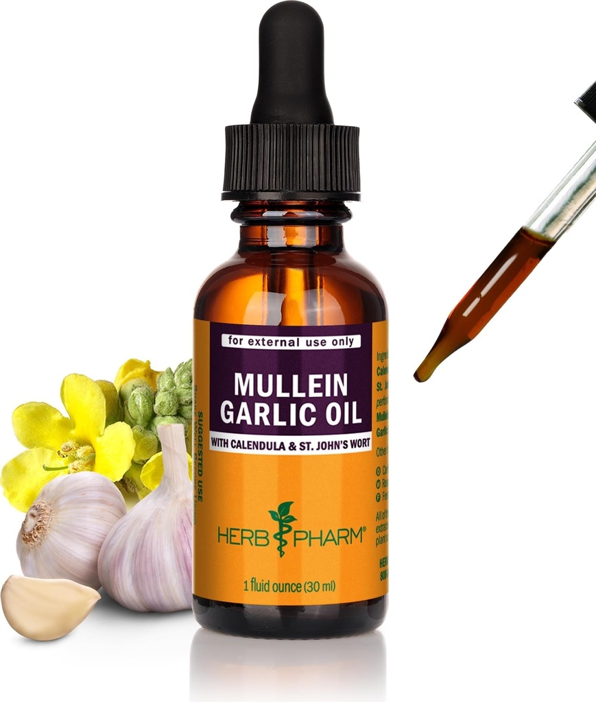 허브 Pharm Mullein 마늘 초본 기름 - Calendula, 마늘, Mullein 꽃, St. John 's Wort, 올리브 오일, 1 Ounce 포함