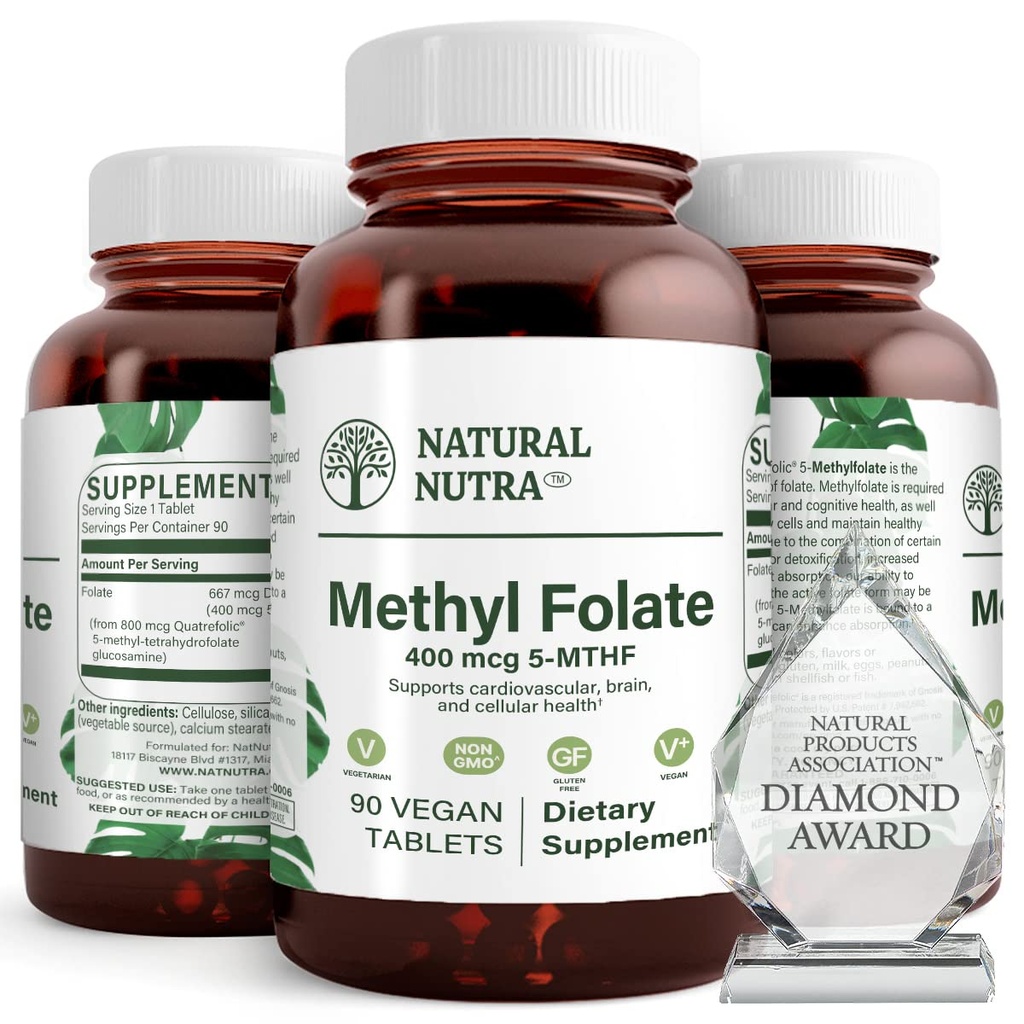Quatre folic, 지원 심장 및 몸 건강을 가진 자연적인 Nutra 활동적인 메틸 Folate 보충교재는, 뇌 건강을, 돕습니다 긍정 Vibes, B9, 90 Vegan 정제를 감소시킵니다 (2의 포장)
