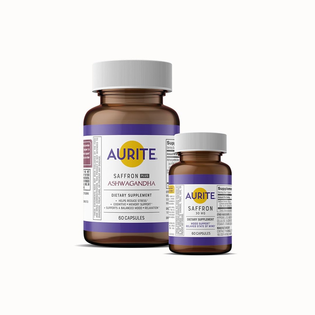 Saffron Ashwagandha & Saffron 보충 번들. 스트레스 관리, 무드 지원, 장기 기억, 채식 친화적 인, 비 GMO, 글루텐 프리, Soy-Free