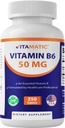 Vitamatic 비타민 B6 (Pyridoxine HCI), 50 mg 250 채식 정제 - 에너지 생산 촉진, Metabolism 및 면역 건강 지원