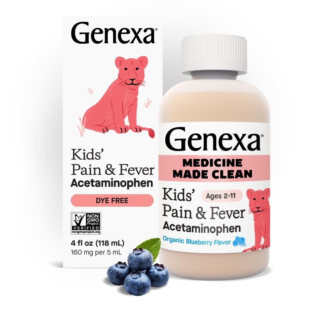 Genexa Children's Clean Acetaminophen | 소아과 선호 성분 | 아이를 위한 통증 및 발열기 | 염료 무료, 0% 인공 첨가물 | 나이 2-11, 맛있는 유기농 블루베리 액체, 4 fl oz