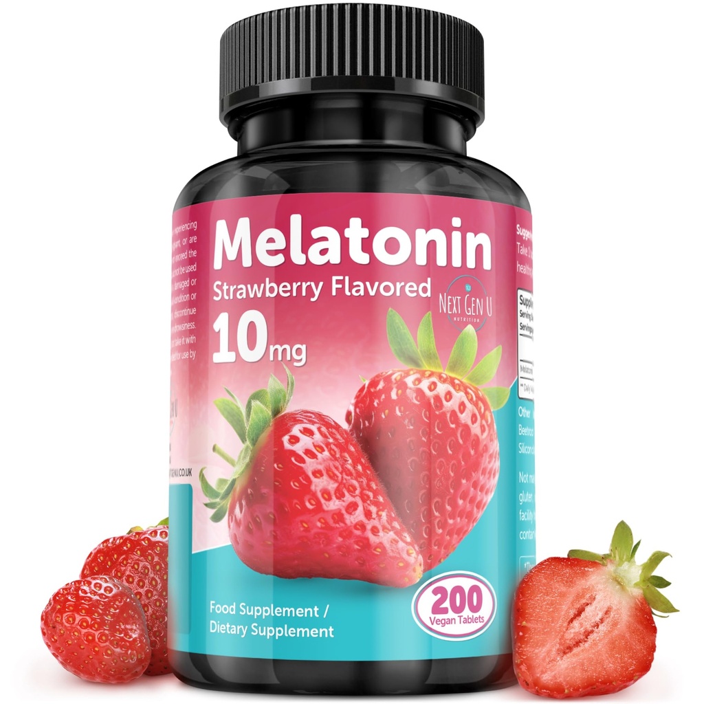 Melatonin 정제 - 10 mg 다이어트 보충 - 딸기 맛 - 200 Vegan 정제 - NextGenU