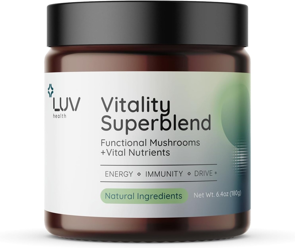 LUV 건강 활력 Superblend : 버섯 보충 - Cacao, Lion 's Mane, Cordyceps, Reishi, Green Tea 및 Turmeric와 슈퍼 푸드 파우더 - 에너지, 초점 및 일일 웰니스 지원 Vegan, 30 서빙