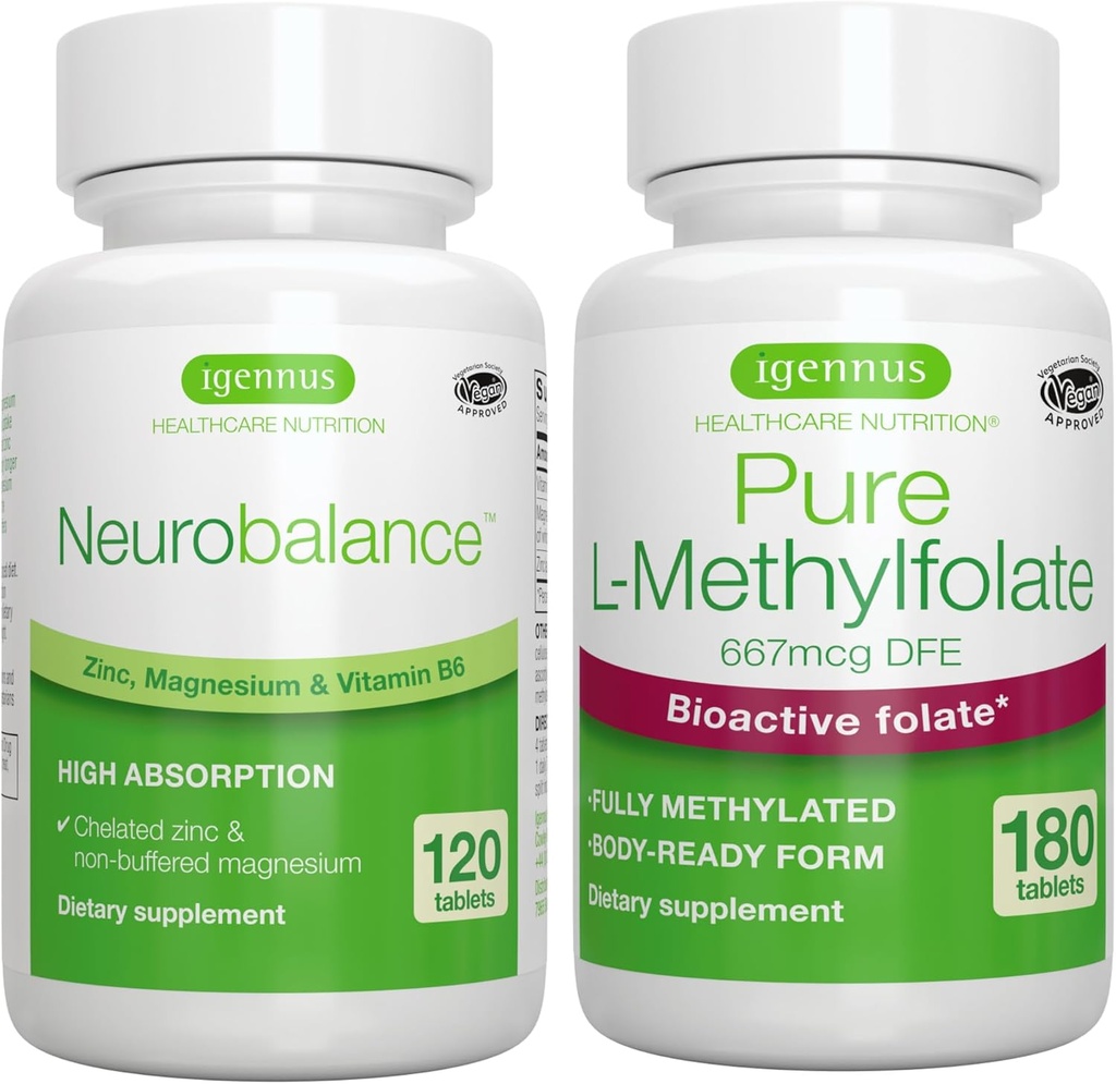 신경 균형 아연, 마그네슘 & 비타민 B6 + 순수한 Folate 400mcg Vegan 뭉치, 킬레이트 아연 Picolinate 24mg의 산화물 자유로운 마그네슘 & 비타민 B6 + Igennus에 의하여 낙관된 L Methylfolate
