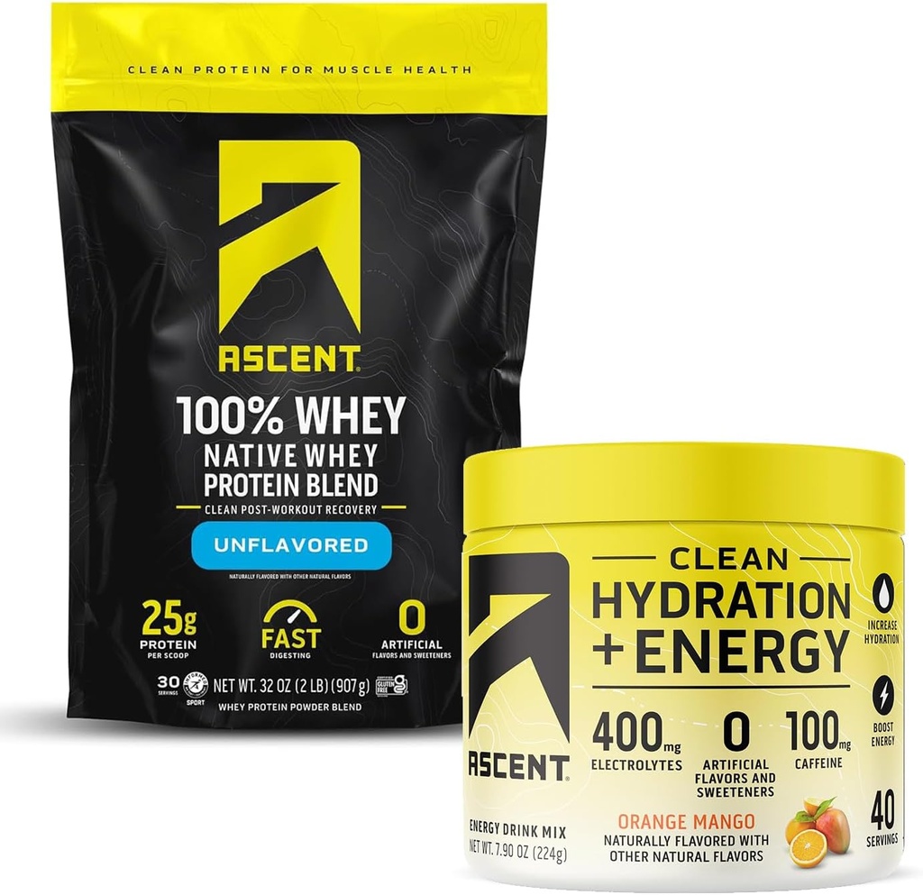 Ascent 100 % Whey Protein Powder, Unflavored 2 lb & Hydration + Energy Electrolytes, 오렌지 망고 40 서빙