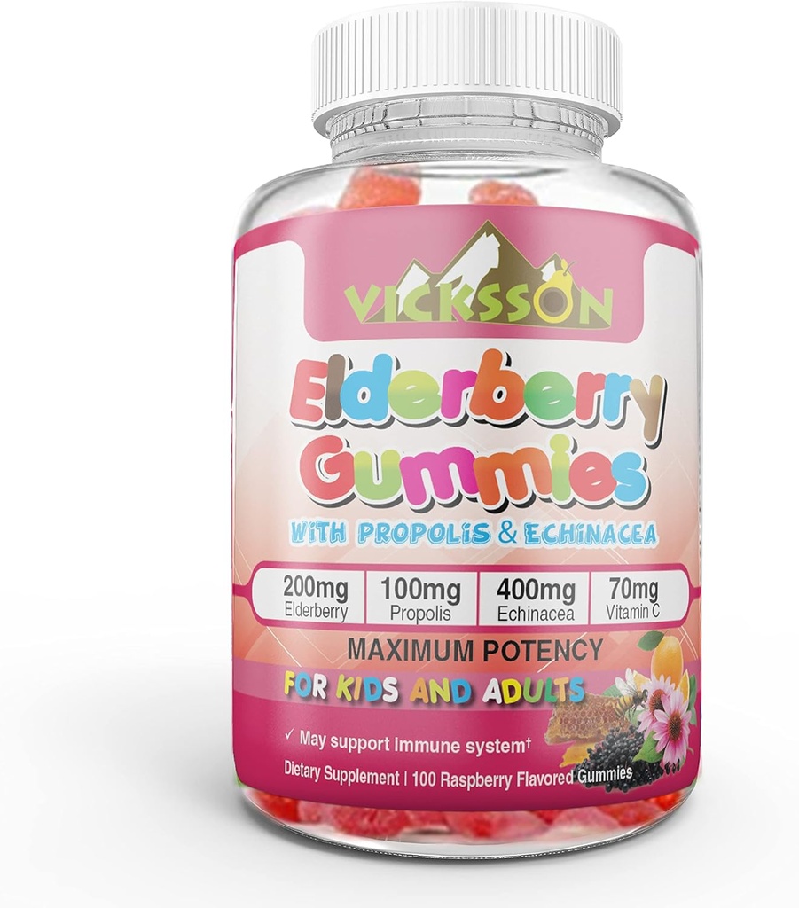 Propolis & Echinacea + 비타민 C 항 산화 Flavonoids Immune 시스템 부스터와 블랙 Sambucus Elderberry Gummies Kid & 성인 Vegan 친절 | 라즈베리 맛. 100개 조사