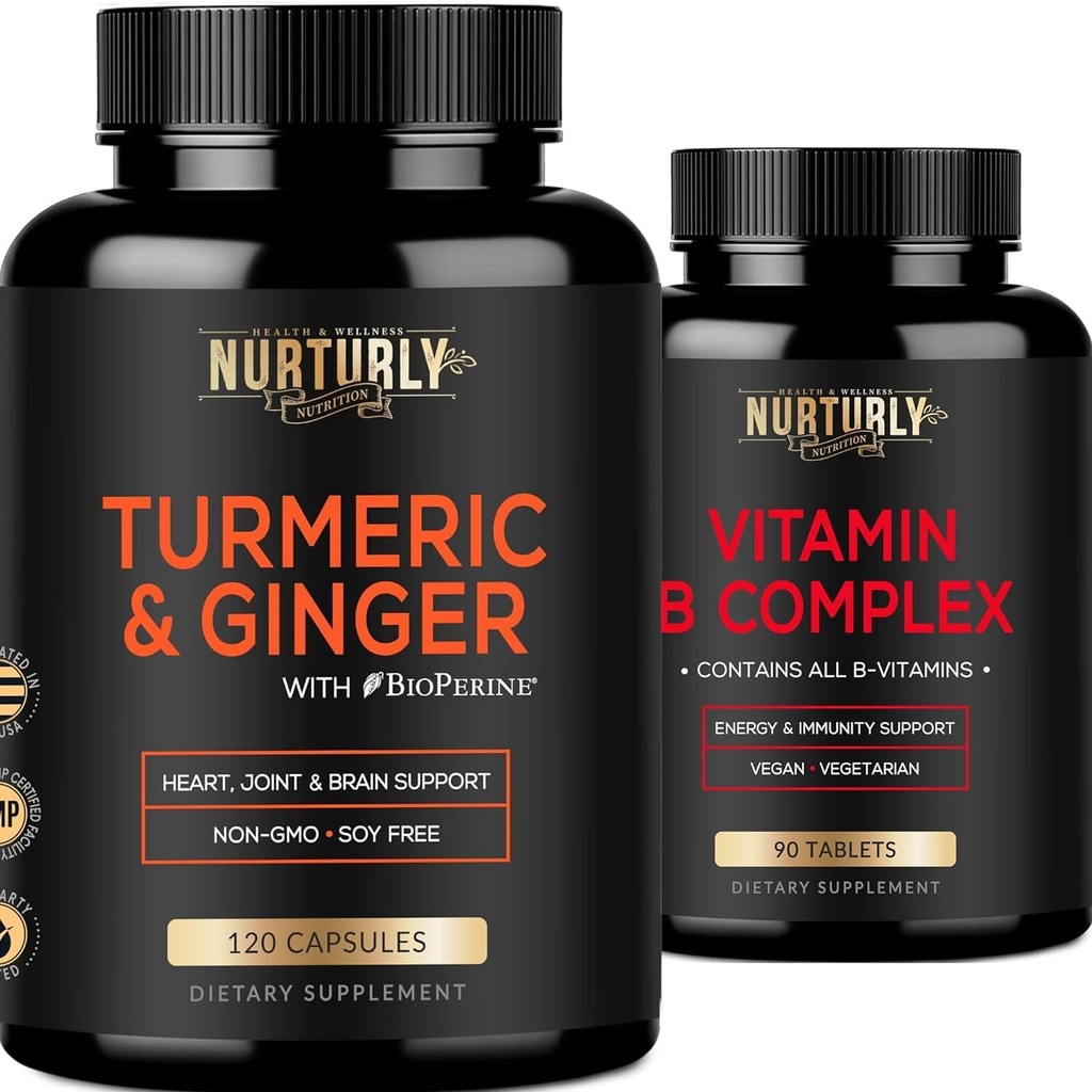 BioPerine & Ginger와 비타민 B 복합체 및 심황 Curcumin - 모든 필수 B 비타민을 함유 - B1, B2, B3, B5, B6, B7, B9, B12 및 Biotin - 높은 흡수 심황 보충제