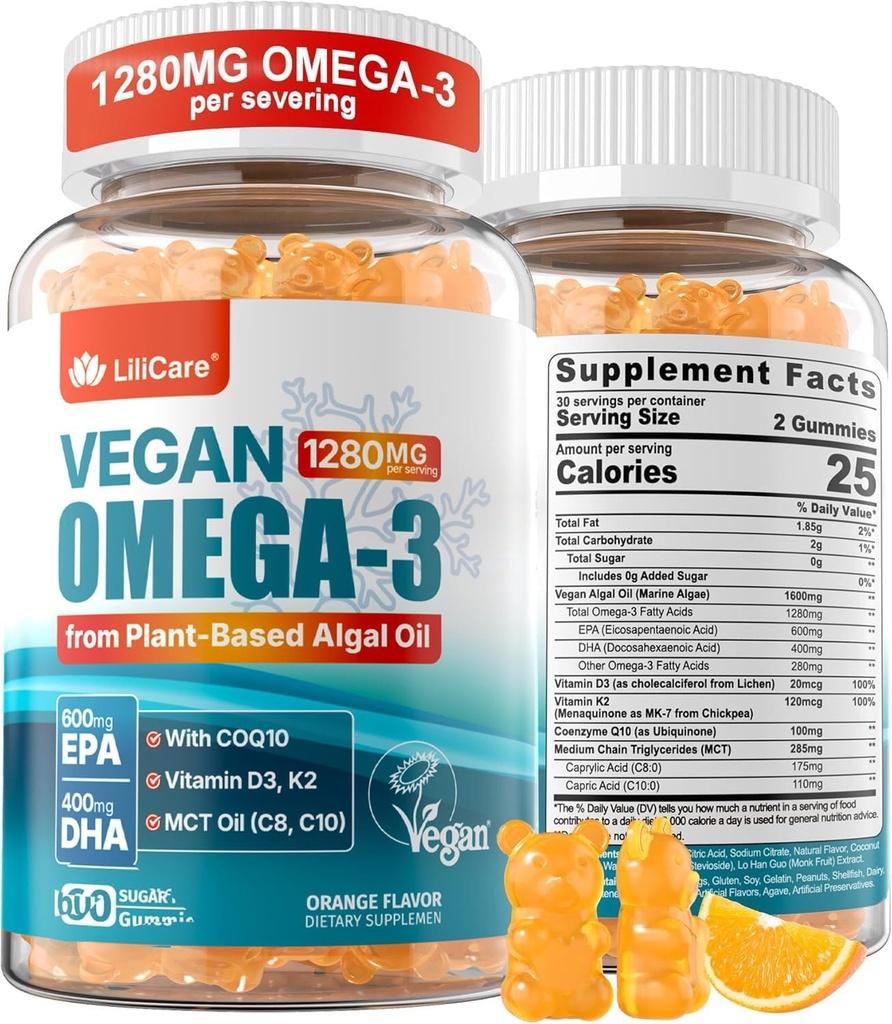 Vegan Omega-3 Gummies 1280mg + COQ10 + 비타민 D3 K2 (MK7), 성인 w/EPA 600mg DHA 400mg & MCT를 위한 Omega 3 물고기 기름 대안 기름, 바다 조류에서 물고기 맛, 두뇌, 눈, 면역, 1 팩