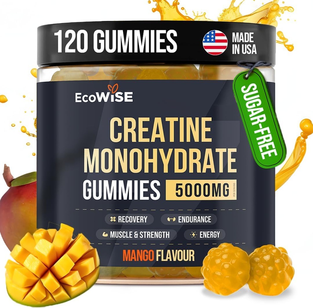 EcoWise Wellness Creatine Monohydrate Gummies 5000 mg의 망고 풍미, 120 설탕 자유로운 Vegan Chews, 매일 루틴을 위한 Creatine 보충교재