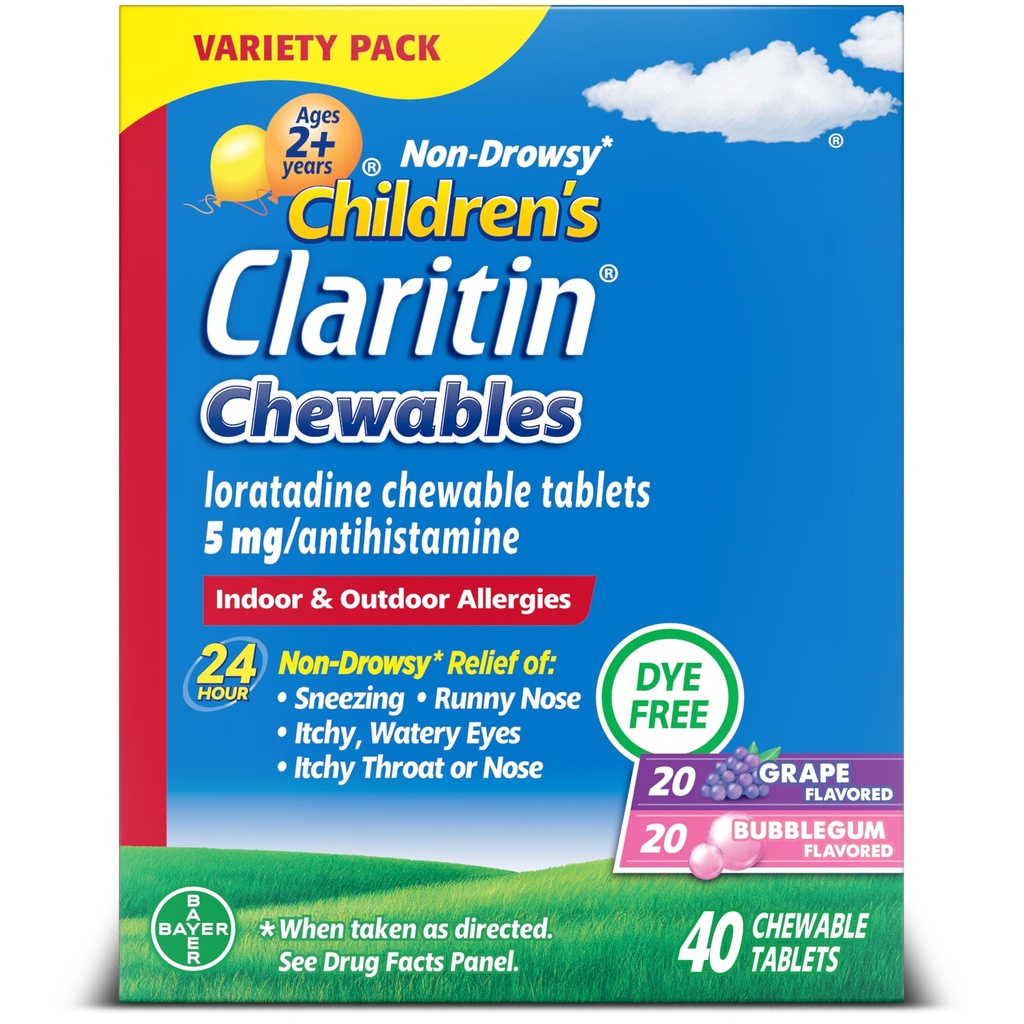 Claritin Children's Allergy Medicine, 24-Hour Non-Drowsy Loratadine 5mg Chewable Tablet, Antihistamine for Kids Ages 2 Years and Older, 포도 & Bubble Gum flavors, 40 정제