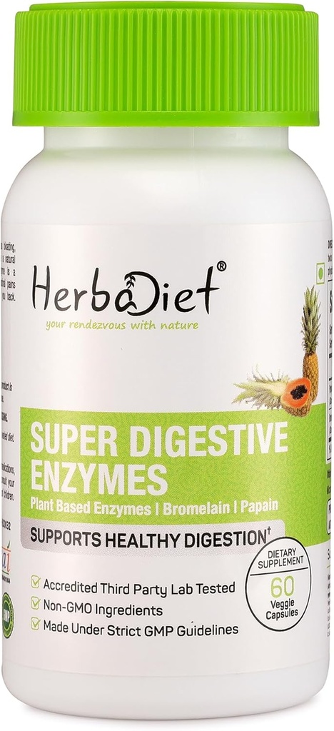 Herbadiet 소화 효소 보충 교재 | Bromelain & Papain 추출물 500mg 캡슐 | 립세 Lactase Amylase (60 캡슐)를 가진 Proteolytic 효소
