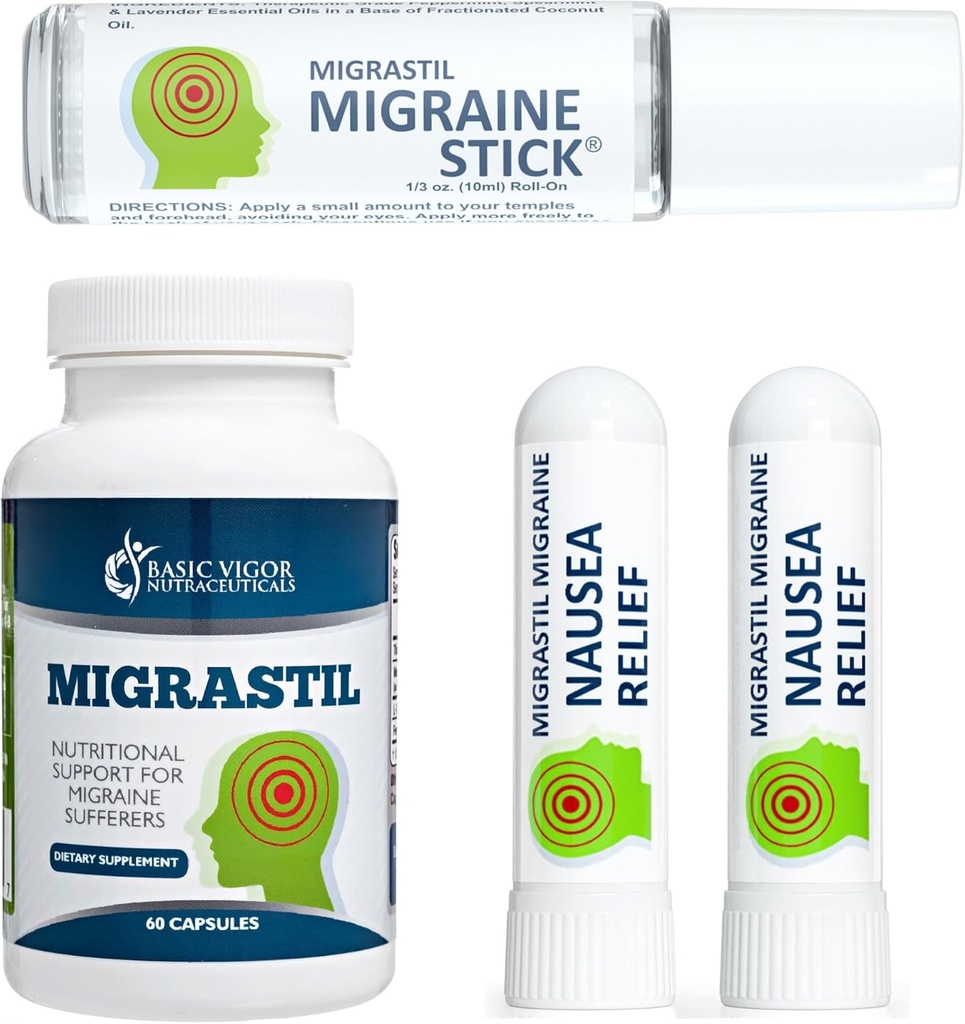 Basic Vigor Migrastil Migraine 지원 키트 Migraine 스틱, 캡슐 및 Nausea Inhaler. 미국에서 만든