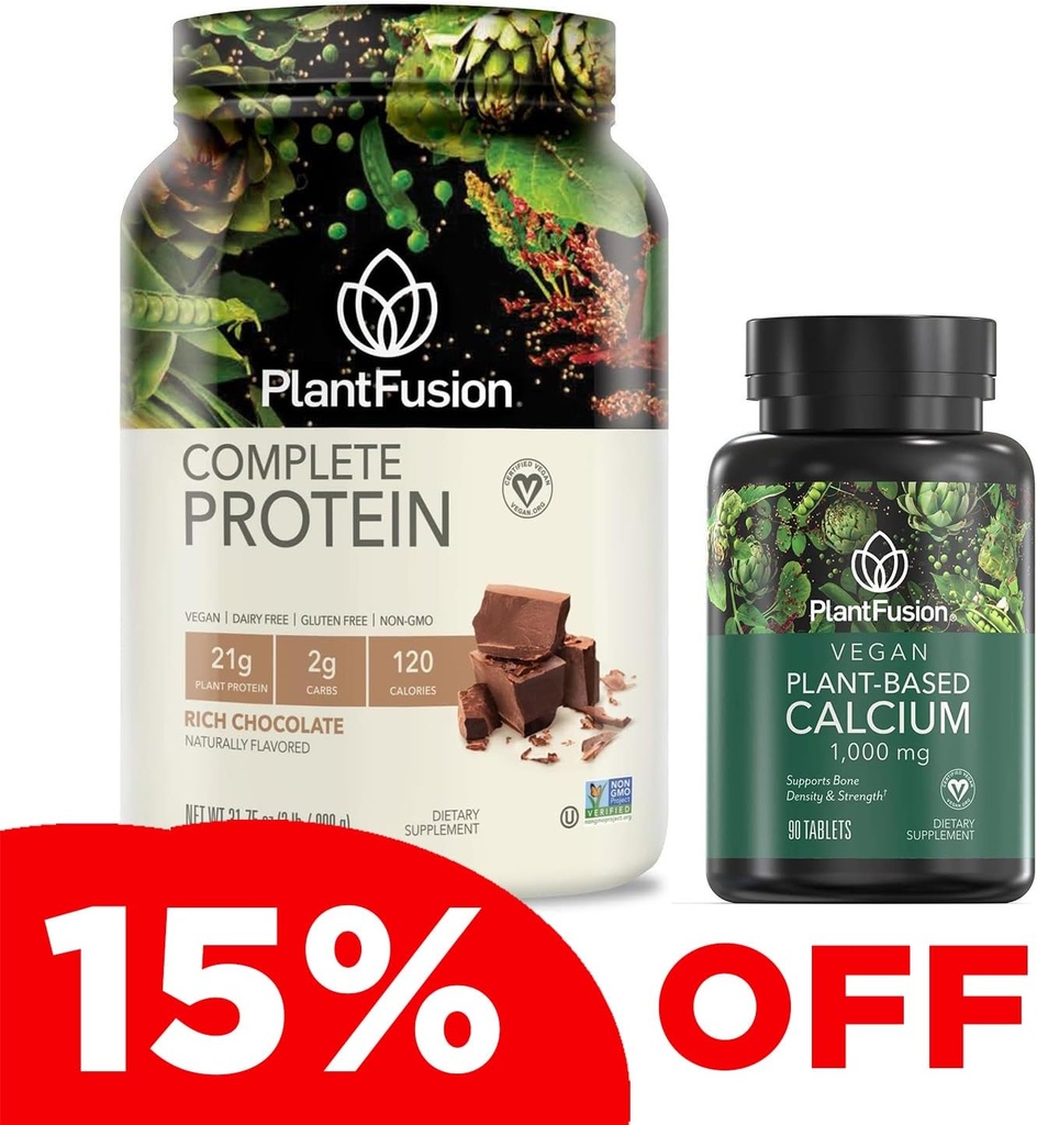 PlantFusion Complete Vegan Protein Powder & 칼슘 번들 - BCAA, Digestive 효소 및 완두 단백질을 함유 한 식물 기반 단백질 분말
