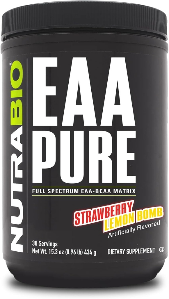 NutraBio – EAA Pure – 9 아미노산 – 근육 수리 및 복구, 30 서빙, 딸기 레몬 폭탄 – 사전 또는 포스트 운동 – 모든 일 복구