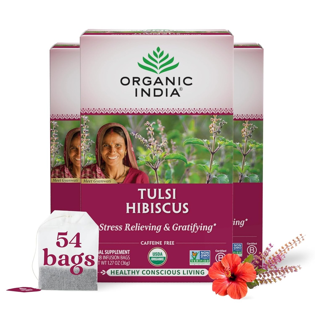 ORGANIC INDIA Tulsi Hibiscus Tea Bags - Holy Basil Herbal Tea, Stress Relieving, Calming, 면역 지원, USDA Organic, Caffeine Free -18 Bags, 3 팩