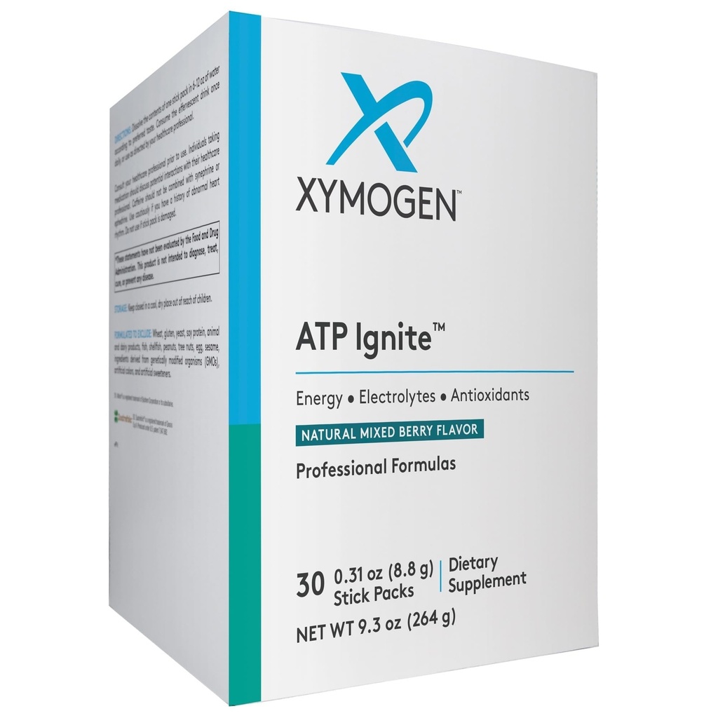 XYMOGEN ATP Ignite Revitalizing 에너지 음료 분말 - Antioxidants, 아미노산, 비타민, Electrolytes + 95mg Caffeine (30 혼합 베리 스틱 팩)를 가진 전해질 보충 + ATP Bio 종합 지원