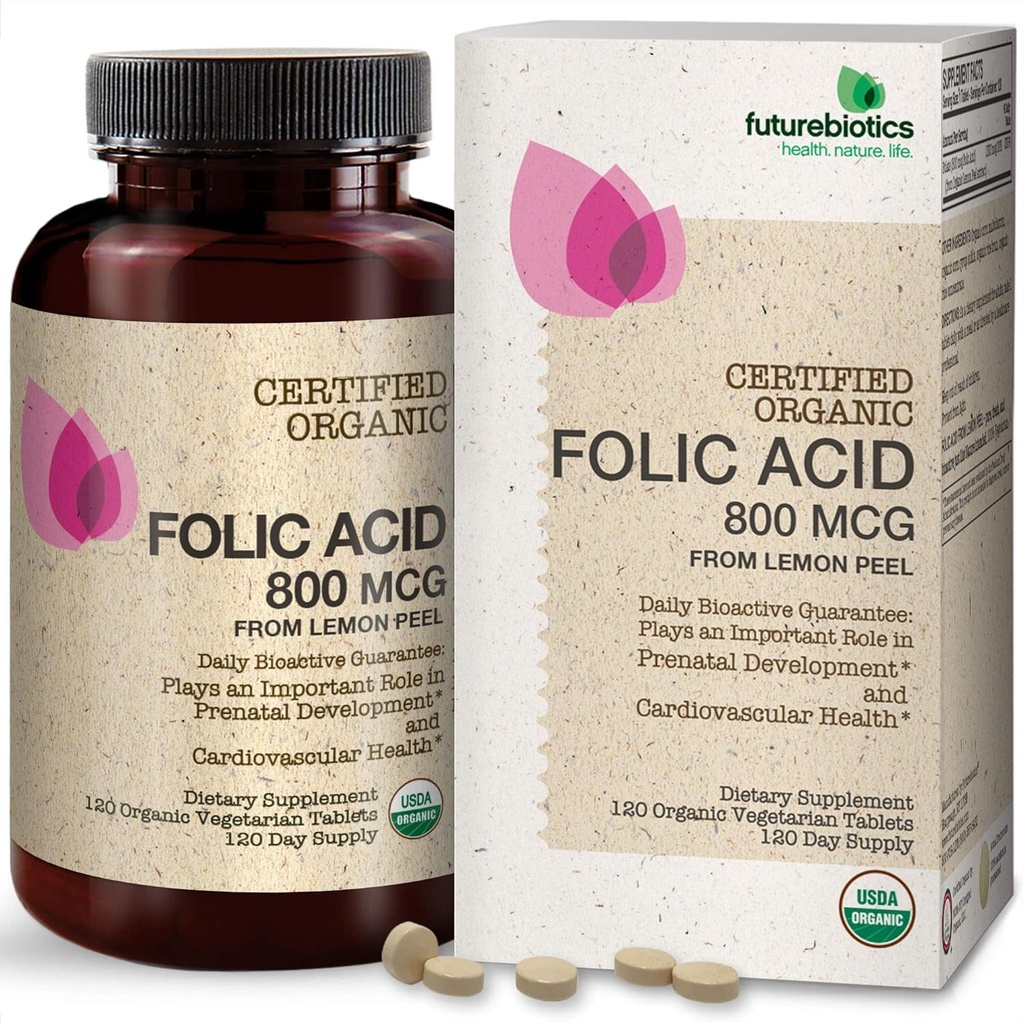 Organic Lemon Peel USDA 인증 유기농, 120 채식 정제의 Futurebiotics Folic Acid 800mcg