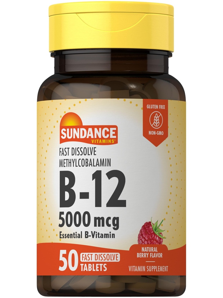 선댄스 비타민 B12 빠른 용해 정제 | 5000 mcg | 50 개 | Methylcobalamin | 천연 베리 맛 | 채식주의, 비 GMO, 글루텐 무료 보충