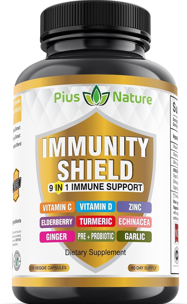9-in-1 면역 지원 비타민 C (1000mg), 비타민 D3 (5000 IU), Elderberry, Turmeric, Echinacea, Ginger, Garlic 및 Pre+Pro-Biotic를 가진 아연 (22mg) - 2 달 공급)