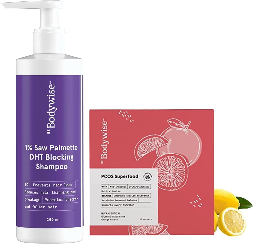 Metrol Be Bodywise PCOS Superfood 15 Sachets and 1% Saw Palmetto DHT 차단 샴푸 여성 250 ml | 100 % 채식 | 파라벤 & 황산염 무료 | 부작용 없음