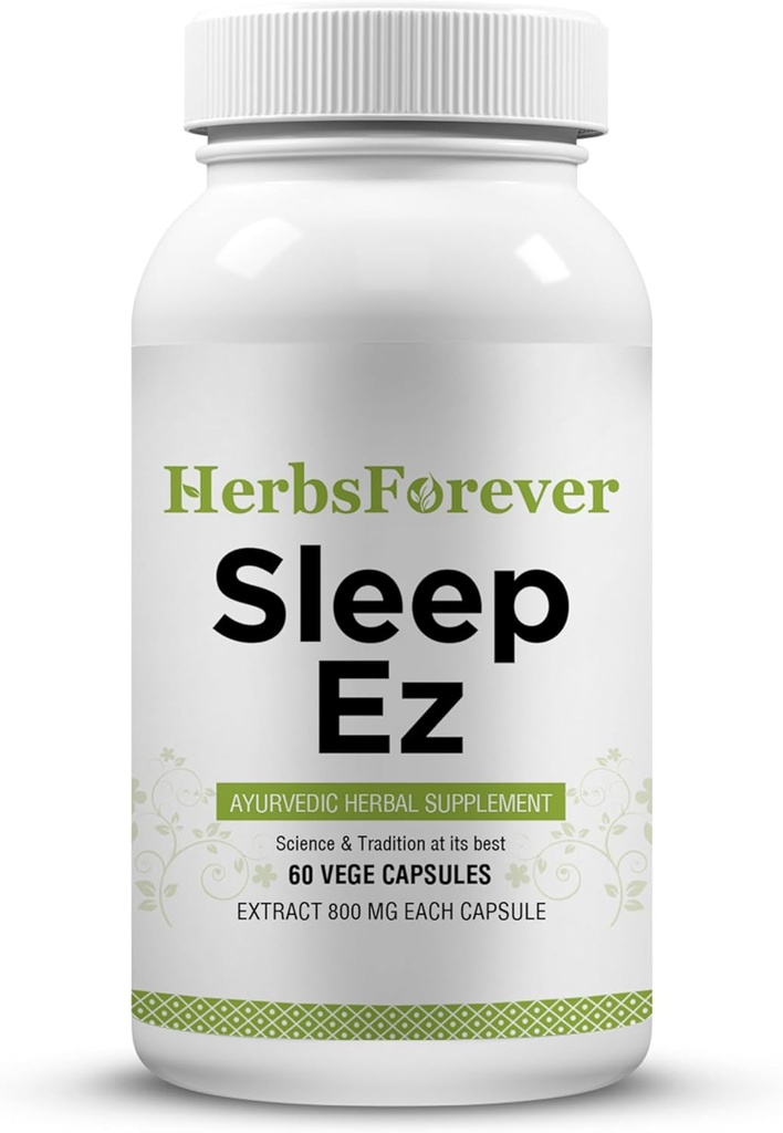 Herbsforever Sleep Ez (Sleep Ease) (Ayurvedic Herbal Formulation)는 마음의 휴식, 몸과 부흥 수면 패턴의 지원, 60 vege 캡슐, 800 mg의 각 농축 추출물