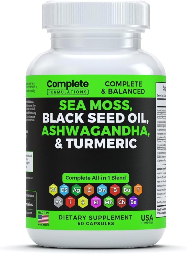 Sea Moss Supplement Blend with Black Seed Oil Ashwagandha Turmeric Bladderwrack, Burdock & Vitamin C & D3 와 Elderberry Manuka Dandelion Yellow Dock Iodine