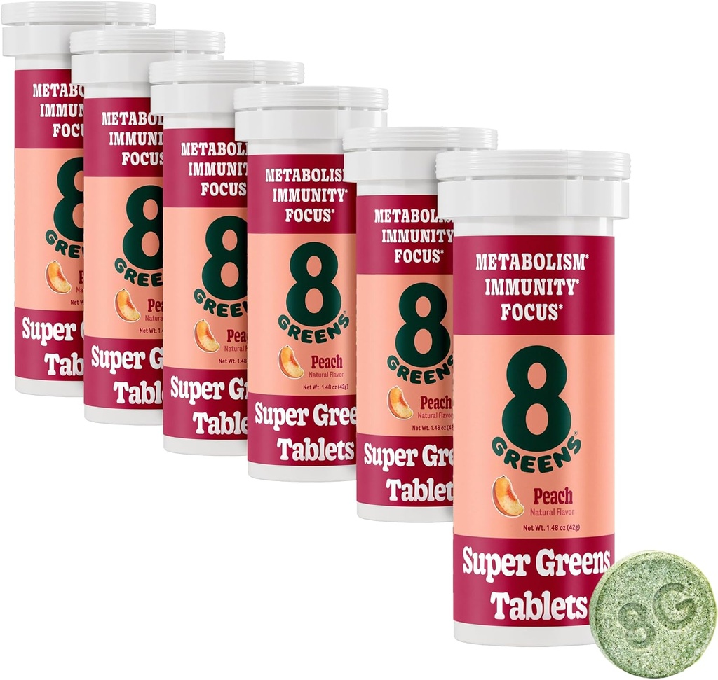 8Greens Supergreens 정제 | 슈퍼 그린 파우더 슈퍼 푸드, 메타볼리즘 면역 & 초점, 매일 그린 Effervescent 정제, 유기: 알로에 Vera, Spirulina, 클로렐라, 복숭아, 튜브 60 서빙.
