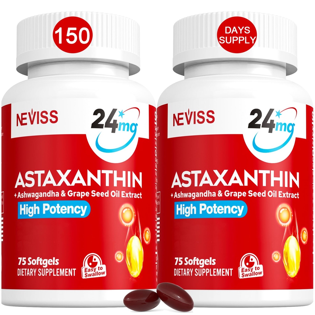 Astaxanthin 보충제 24mg, 5 개월 공급 - 코코넛 MCT 기름, 신선한 미생물 근원 w/Grape씨 기름, Ashwagandha - 건강한 피부를 위한 산화 방지제, 눈, 나이 드는 - 비 GMO & 글루텐 자유로운, 150 Softgels