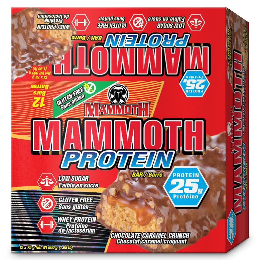 MAMMOTH Protein Bar, 초콜렛 땅콩 버터 크런치, 25g 단백질, 낮은 설탕, 낮은 캐비티, 글루텐 무료, 12 x 65g (12 개) (코크레이트 땅콩 버터 크런치) (12 개, 초콜릿 캐러멜 크런치)