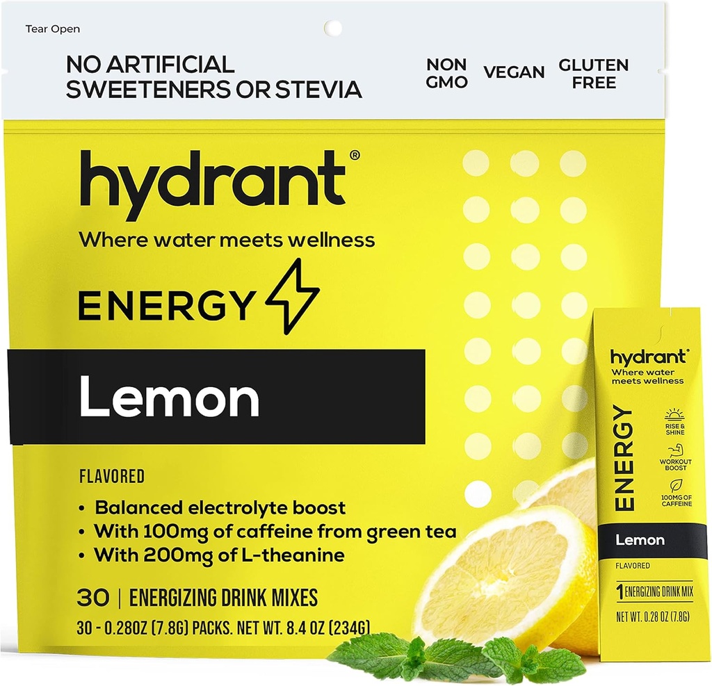 HYDRANT 에너지 레몬 풍미 30 지팡이 팩, 카페인 & L-Theanine 급속한 Hydration 혼합, 아연을 가진 Electrolyte Hydration 분말 소포