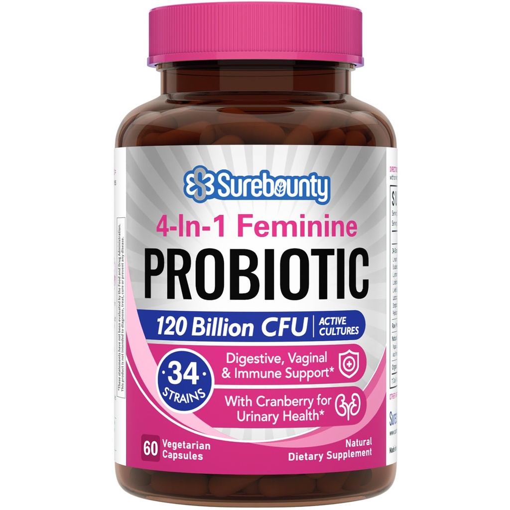 여성, 120 억 CFU 34 Strains, Prebiotics, 소화 효소, Cranberry, 4-in-1 Feminine Probiotics, Digestive, Vaginal, 면역 지원, 60ct