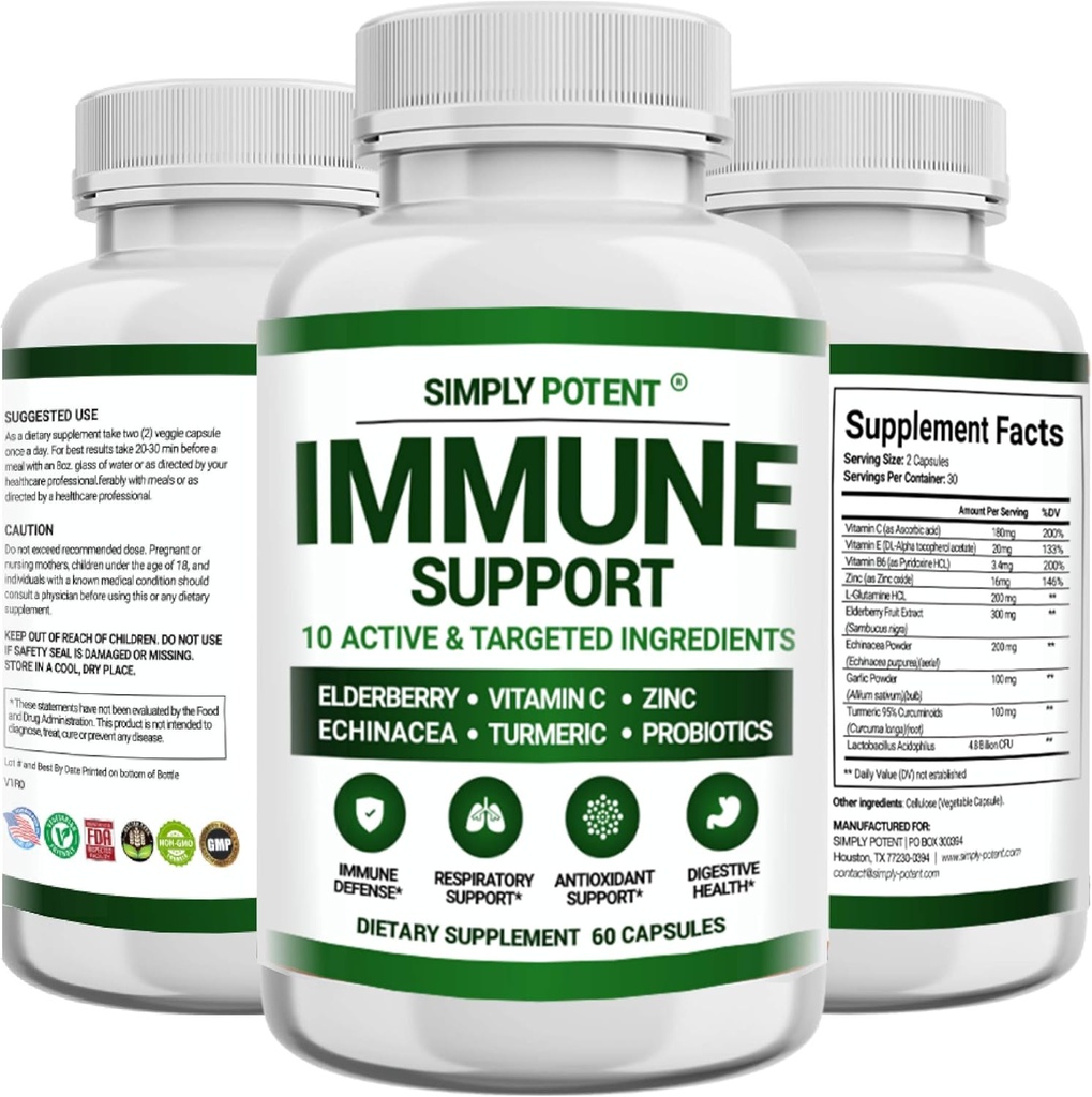 Immune 지원 보충교재, Elderberry의 1개의 면제 승압기 혼합, 비타민 C, 아연, Echinacea, 심황, Probiotics & Immune 방위를 위한 산화 방지제, 호흡 & 소화 건강, 60 알약